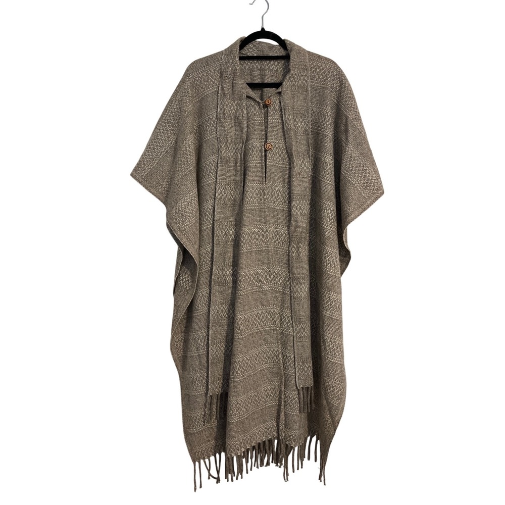Nomadic Boho Wool Poncho Fringed Trim Cape Two Button Shawl Wrap Bohemian Mexico